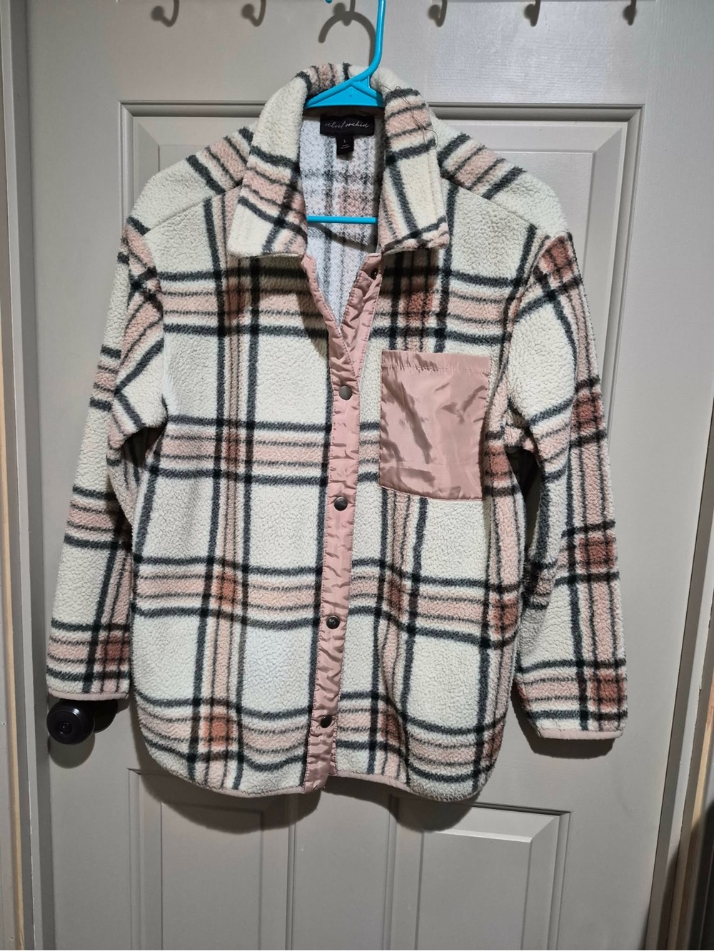 Plaid Cream & Pink Sherpa Jacket with Chest Pocket